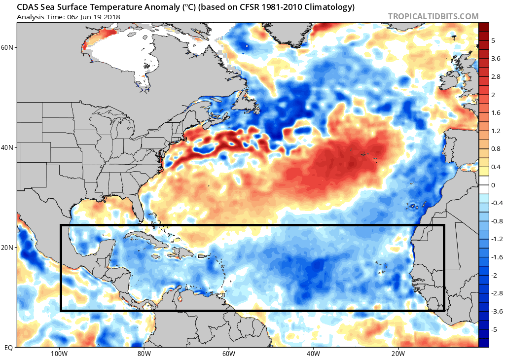 Current sea surface temperature anomalies are shown for the North Atlantic Ocean with a widespread area of cooler-than-normal (blue) in the "breeding grounds" region of the tropical Atlantic (boxed-in area); courtesy NOAA, tropicaltidbits.com