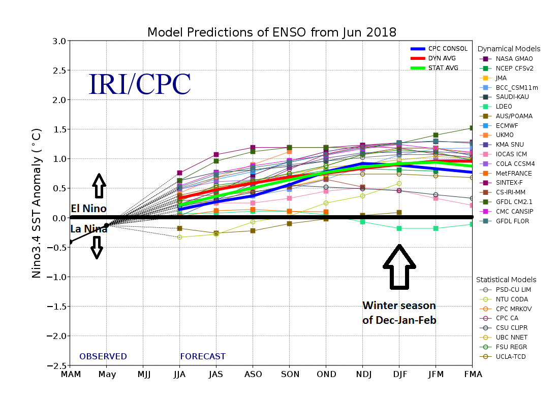 This graph show forecasts made by dynamical and statistical models for sea surface temperature anomalies in the “Nino 3.4” region of the Pacific Ocean for nine overlapping 3-month periods. The vast majority of the models feature weak-to-moderate El Nino conditions by the upcoming winter season of December/January/February (indicated by arrow). Data source: International Research Institute for Climate and Society/Columbia University