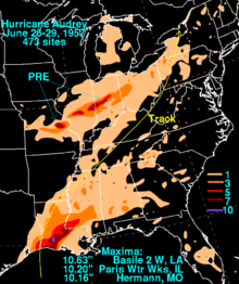 Rainfall totals in the United States from Audrey and a Predecessor Rainfall Event (PRE); Courtesy NOAA, Wikipedia