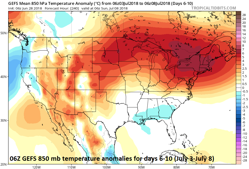 06Z GEFS forecast map of 850 mb temperature anomalies for days 6-10; courtesy NOAA, tropicaltidbits.com