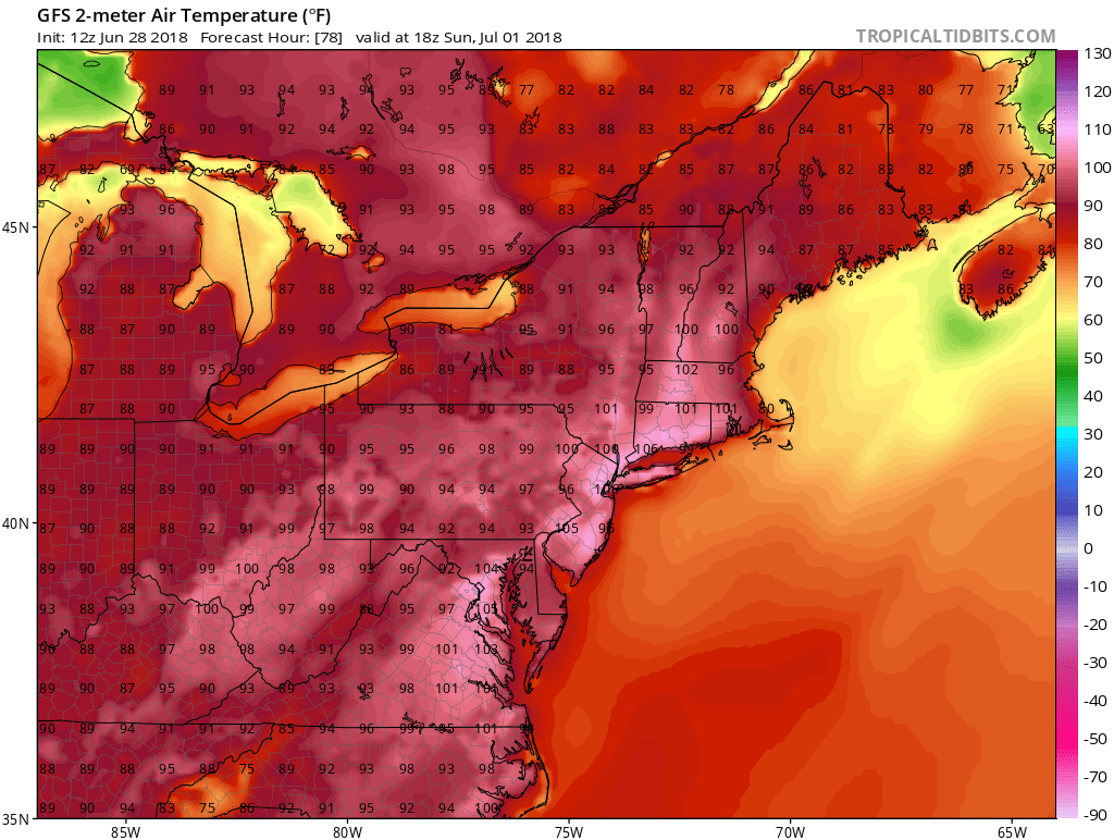 12Z GFS forecast map of 2-meter temperatures on Sunday afternoon, July 1st, with outrageous highs of 100+ degrees in the I-95 corridor; courtesy NOAA/EMC, tropicaltidbits.com