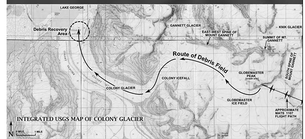 Colony Glacier relentlessly advances towards nearby Inner Lake George and has pushed the debris field several miles during the past 60 years (map courtesy USGS)