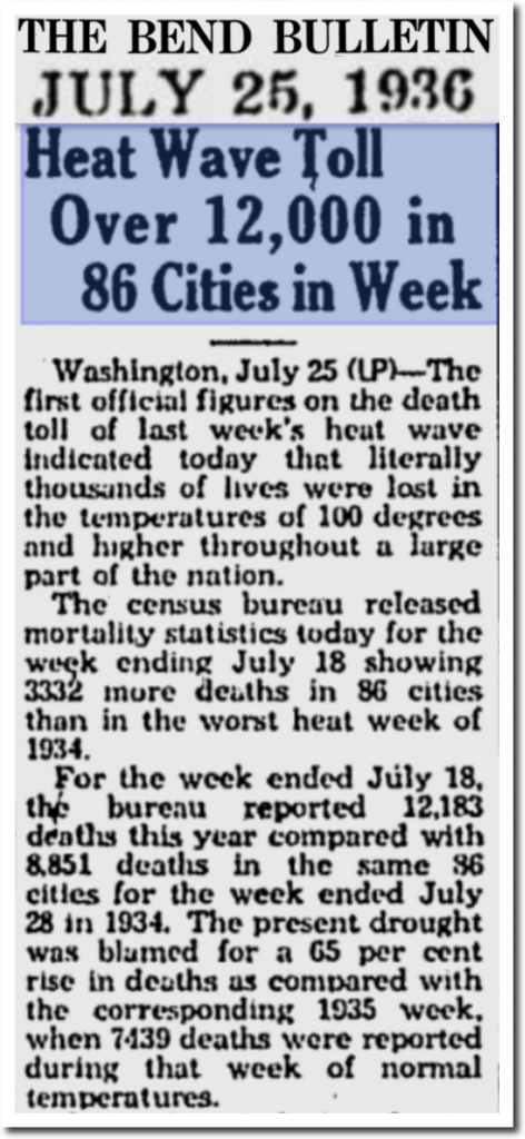 An amazing loss of life due to the widespread and destructive heat wave in July 1936 (Courtesy The Bend Bulletin newspaper (Oregon); Steve Goddard (Twitter), realclimatescience.com )