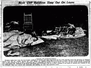 Image from the July 14, 1936 (Toronto, Canada) Evening Telegram showing “Birch Cliff” neighborhood residents sleeping outdoors ( Source ) 