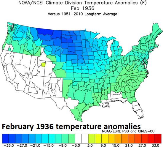 Extreme cold in February 1936 was experienced in many of the same regions that experienced extreme heat later that same year; (February 1936 temperature anomalies across the US, courtesy NOAA)