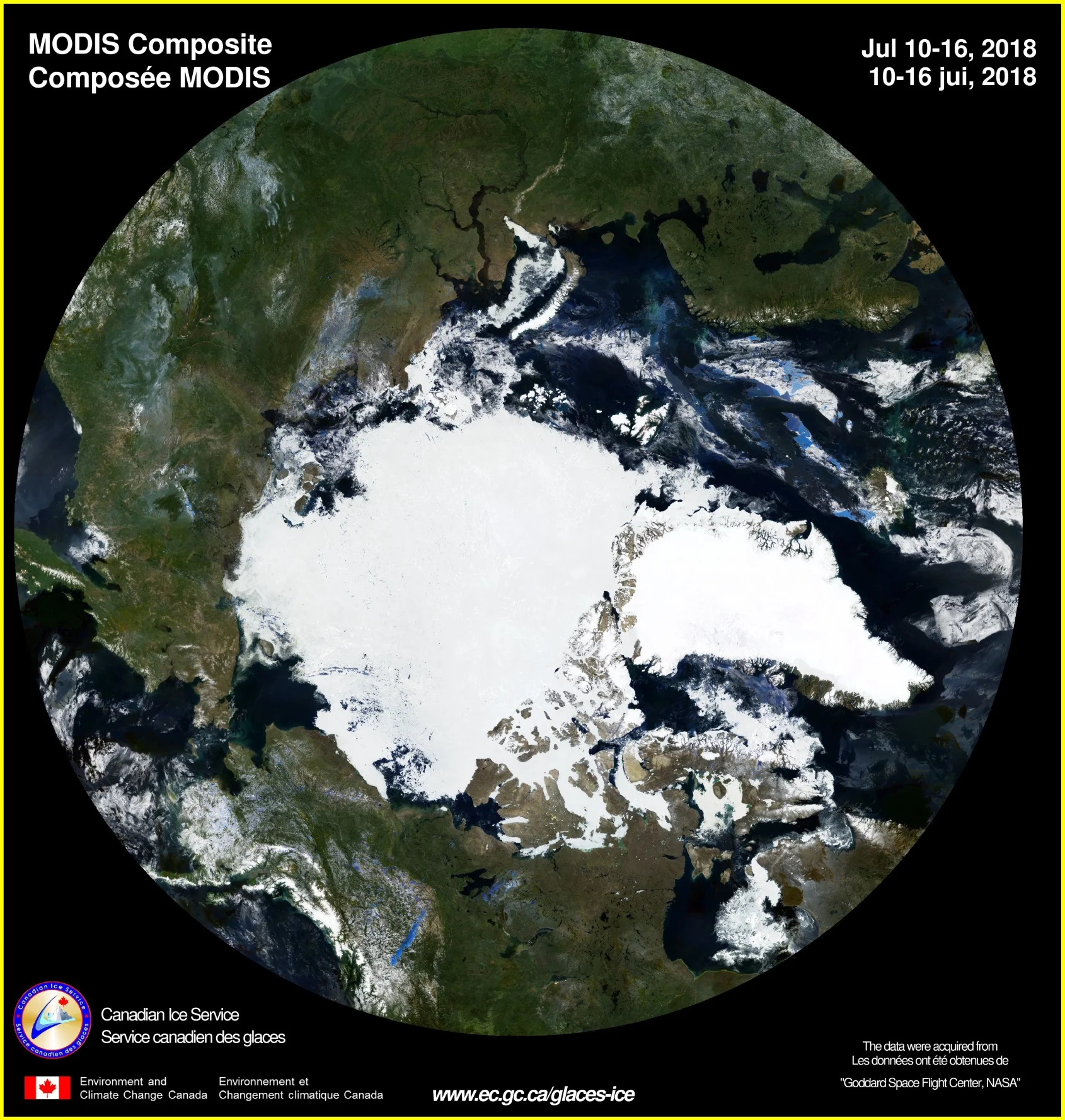 This MODIS composite map of Arctic Ocean snow/ice is for the week July 10-16, 2018 (courtesy Canadian Ice Service, NASA). The ice information is updated daily in areas of known marine activity and weekly in remaining Canadian waters.