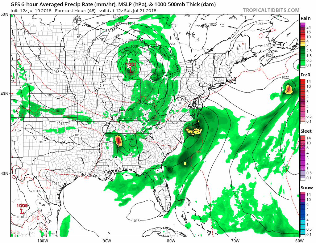 12Z GFS surface forecast maps from Saturday morning (48-h) to Sunday morning (72-h) in 6-hour increments featuring low pressure along the Mid-Atlantic coastline; courtesy NOAA/EMC, tropicaltidbits.com