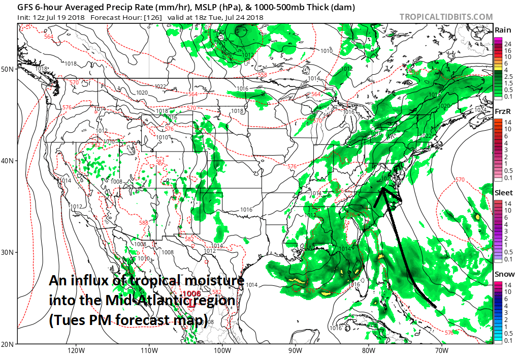 Even after the initial coastal storm passes by, the wet pattern will persist with a consistent flow of air from the tropical Atlantic into the Mid-Atlantic region (12Z GFS surface forecast map for early Tuesday afternoon, courtesy NOAA/EMC, tropicaltidbits.com)