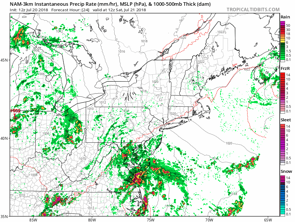 High-resolution (3-kilometer) version of NOAA's NAM computer forecast model shows the potential for heavy rain bands/embedded thunderstorms in the Mid-Atlantic region associated with the northward moving storm system (1-hour increments of instaneous precipitation rates from 8AM Saturday to 8AM Sunday); courtesy NOAA/EMC, tropicaltidbits.com