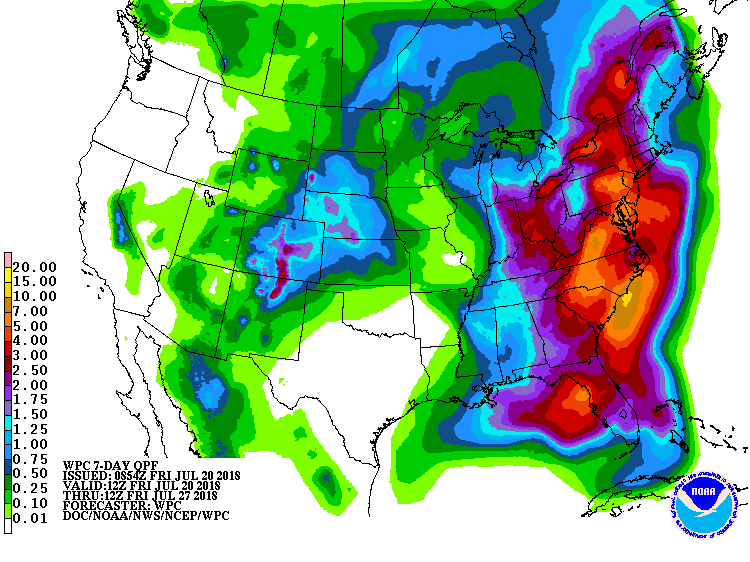 NOAA's forecast map of total rainfall amounts over the next 7-days with excessive amounts in much of the eastern US