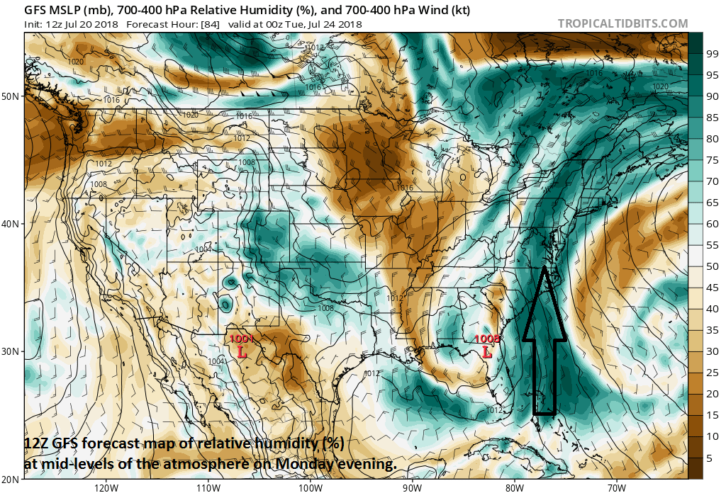 Deep tropical moisture will be flowing northward next week from the tropical Atlantic to the Mid-Atlantic (12Z GFS forecast map of RH (%) on Monday evening); courtesy NOAA/EMC, tropicaltidbits.com