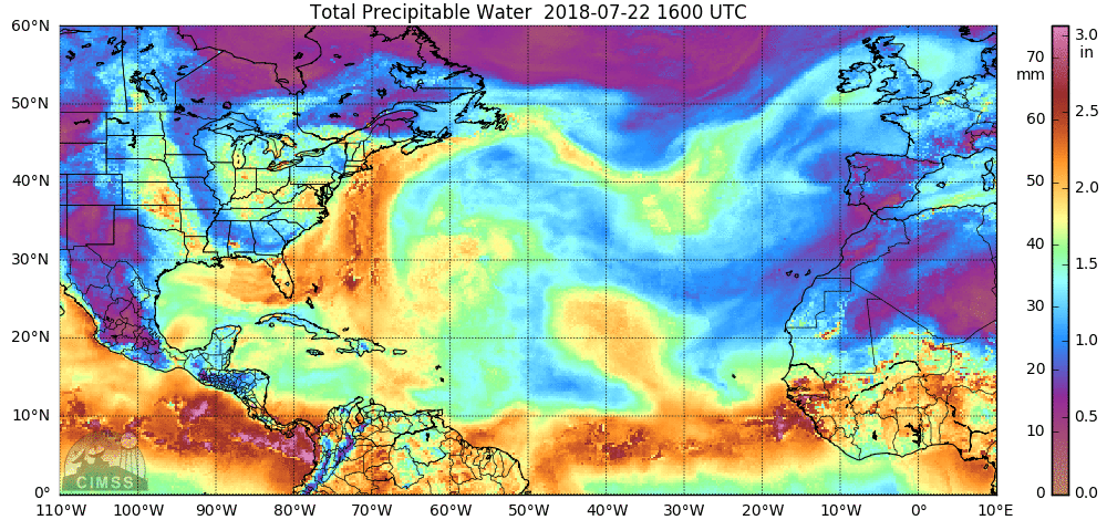 "Total precipitable water" over the past 24 hours featuring deep tropical moisture flowing northward along the US east coast; courtesy University of Wisconsin/CIMSS, NOAA