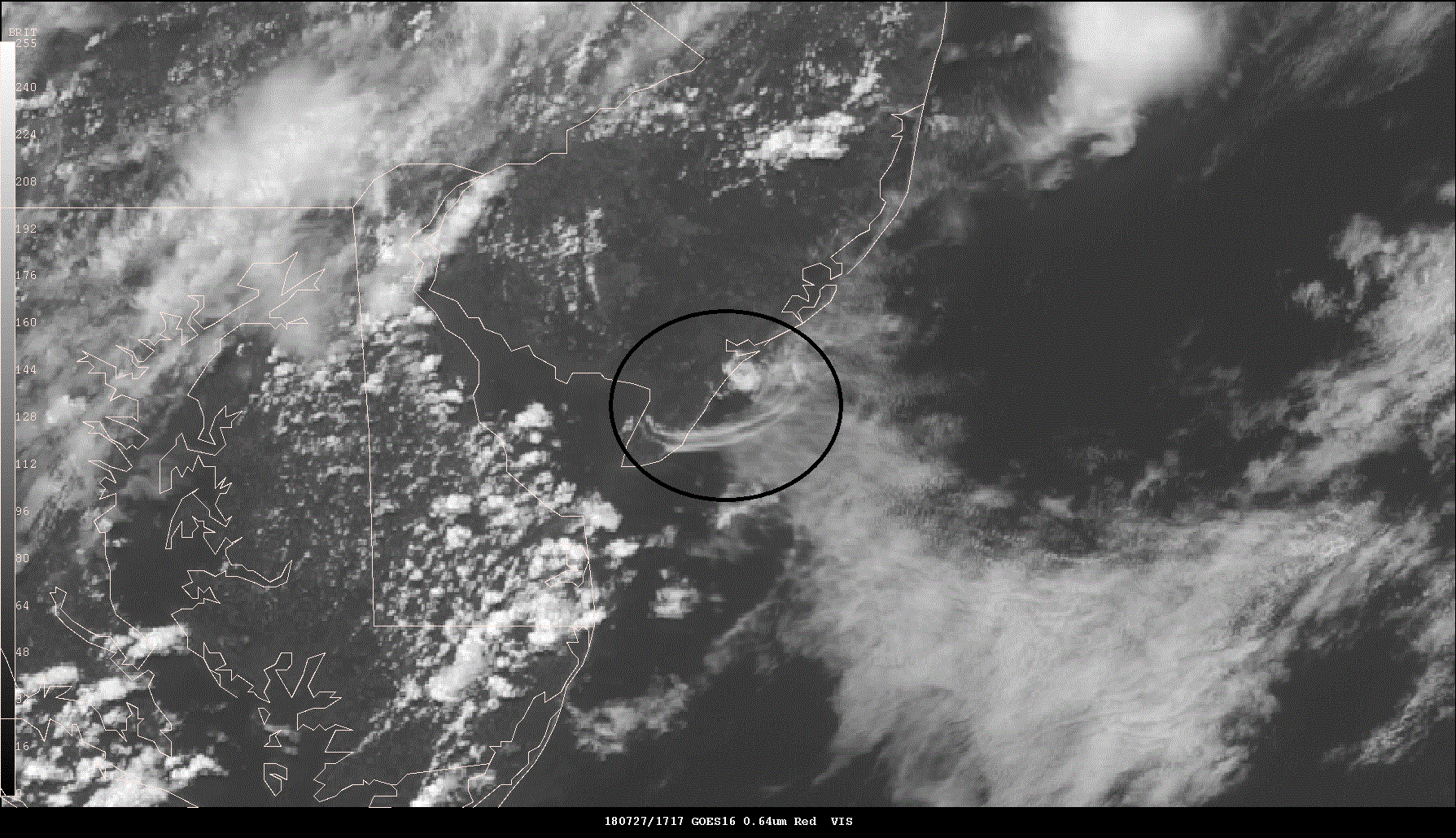 A big thunderstorm collapsed over southern New Jersey earlier today and created an "undular bore" as the outflow boundary hit more stable ocean air. (GOES-16 satellite image view of the "undular bore" (circled region)).