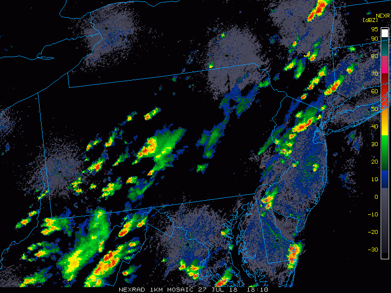 Latest radar shows numerous showers and thunderstorm cells in the Mid-Atlantic region; courtesy NOAA, College of DuPage