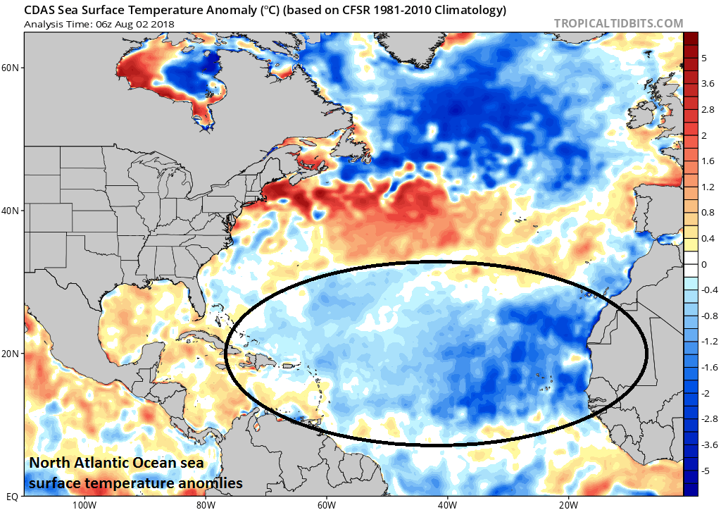 North Atlantic sea surface temperature anomalies feature colder-than-normal conditions near Greenland/Iceland and in the "breeding" grounds region of the tropical Atlantic between the west coast of Africa and the Caribbean Sea; Courtesy NOAA, tropicaltidbits.com