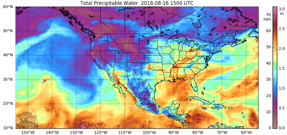 High levels of moisture (shown in orange, yellow) continue to flow northward from the Gulf of Mexico into the Midwest/Mid-Atlantic/Northeast US. This pattern has been quite persistent during the past several weeks and will be persistent over the next several days. Credit NOAA, University off Wisconsin/CIMMS