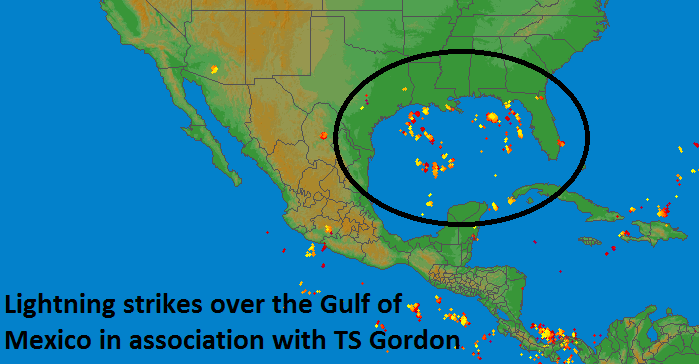 Tropical Storm Gordon could reach hurricane status before making landfall late tonight. Numerous recent lightning strikes near the inner core suggest further strengthening is possible in the near term. Courtesy lightningmaps.org, NOAA