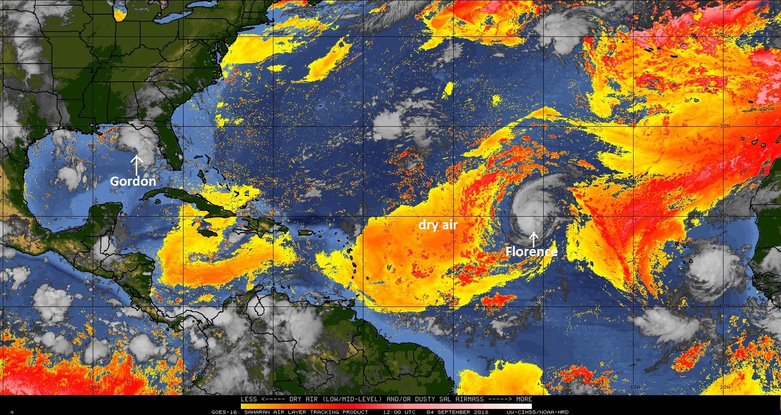 Hurricane Florence is currently in an environment with some dry air (Saharan Desert), but it has still managed to intensify into hurricane (category 1) status in recent hours; courtesy University of Wisconsin, NOAA