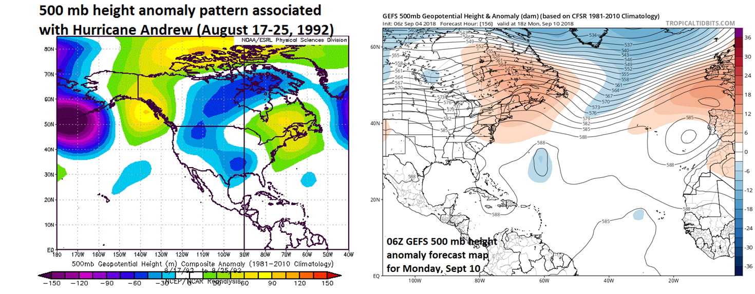 The time period surrounding the arrival of Hurricane Andrew in August 1992 featured strong high pressure ridging at 500 mb (left) over SE Canada/north Atlantic and the latest forecast for early next week has a similar look (right); courtesy NOAA, tropicaltidbits.com