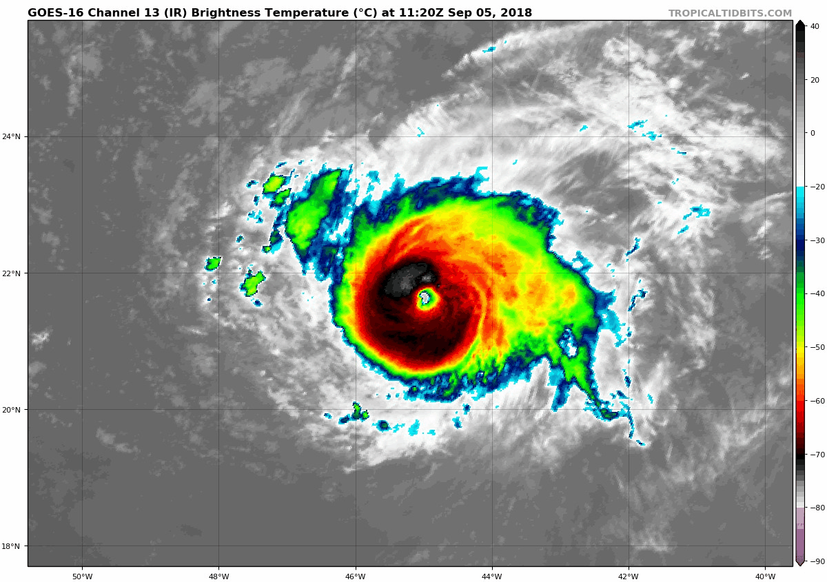 Florence has strengthened to major hurricane status (category 3) and it remains a threat to the US east coast; courtesy NOAA/GOES, tropicaltidbits.com