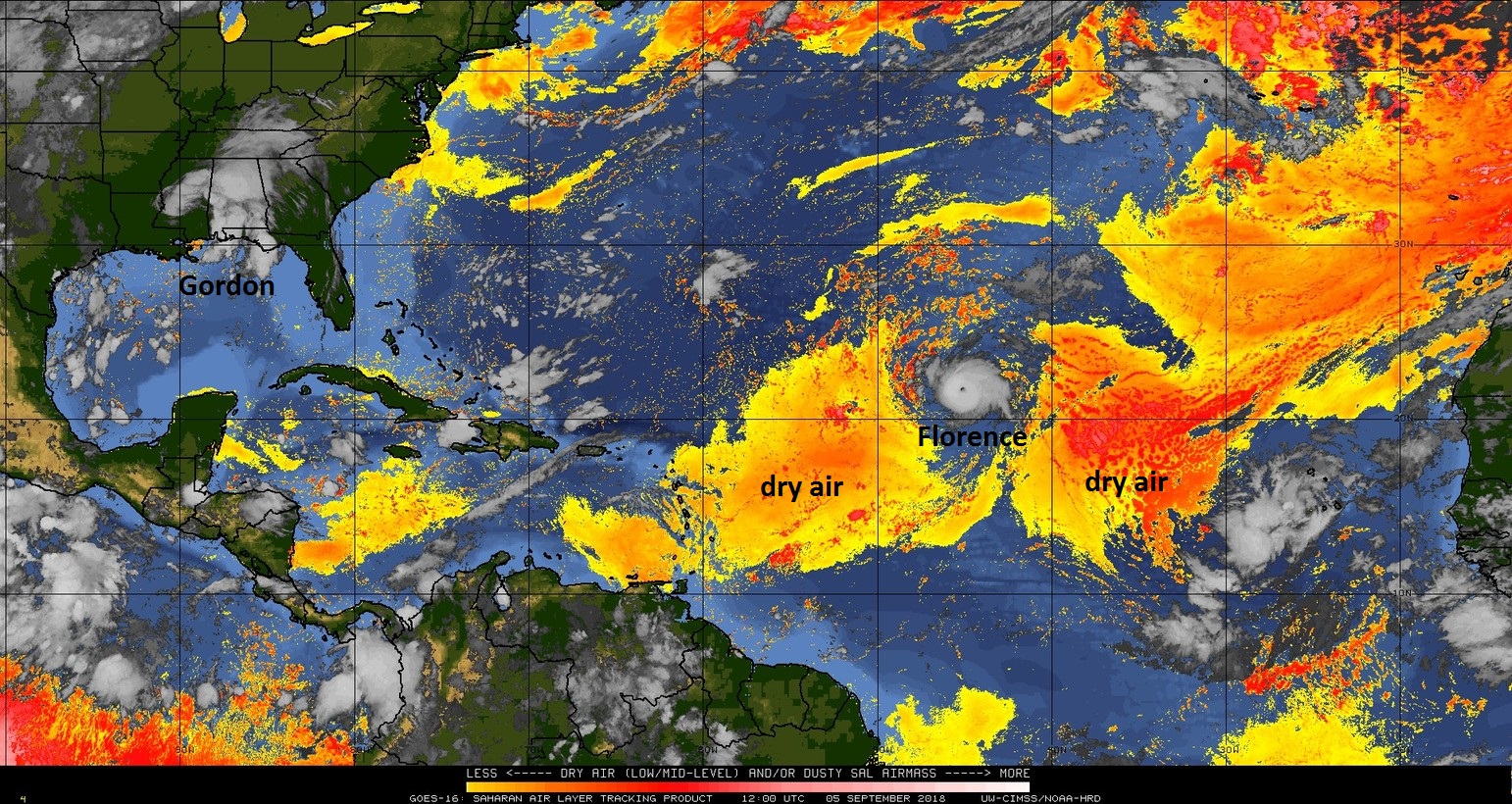 Hurricane Florence has intensified despite being surrounded by dry air; map courtesy University of Wisconsin/CIMMS, NOAA