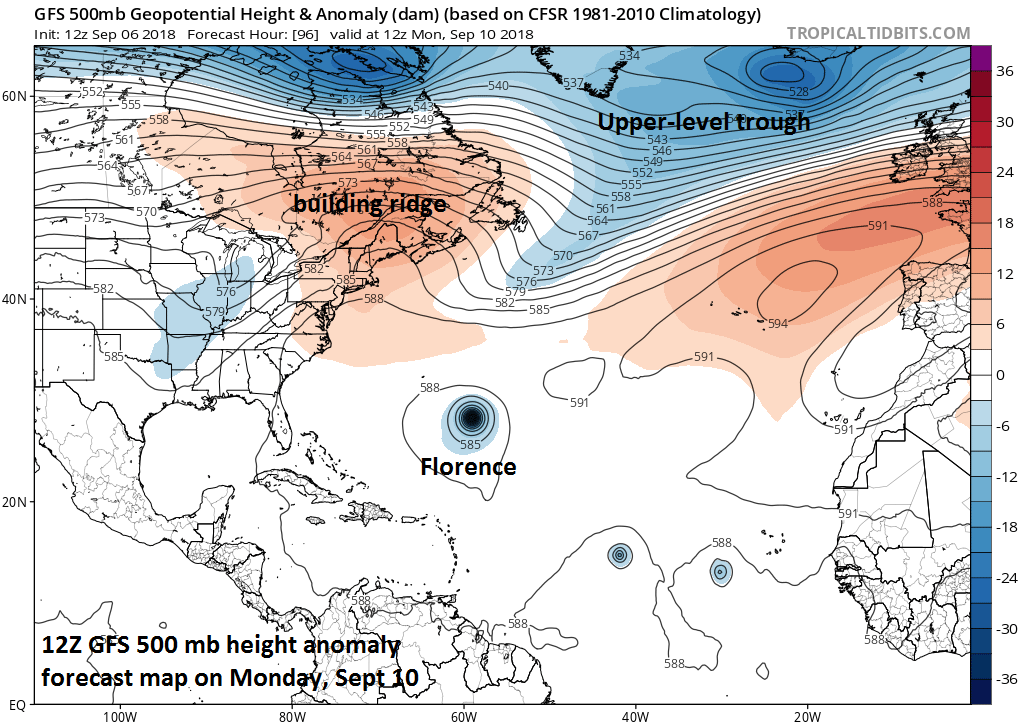 12Z GFS 500 mb height anomaly forecast map for Monday, September 10th, with a deep upper-level trough passing by to the north of Florence; courtesy NOAA/EMC, tropicaltidbits.com