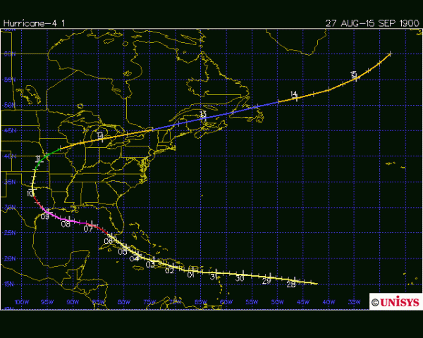 The path of the Galveston hurricane in September 1900; courtesy Unisys, NOAA