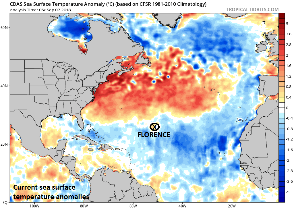 Warmer-than-normal water in the Atlantic will favor intensification of Florence in coming days and play a role in the development of a strong ridge of high pressure across southeastern Canada and the northwest Atlantic; courtesy NOAA, tropicaltidbits.com