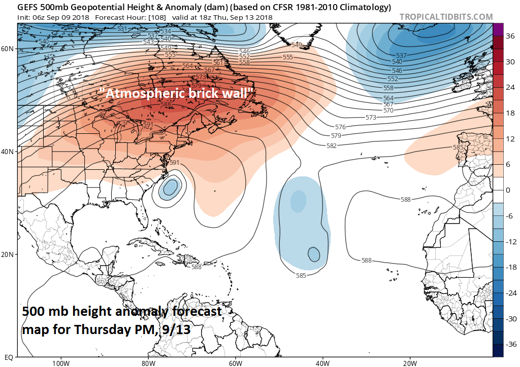 Very strong high pressure ridging will act as an "atmospheric brick wall" and slow down the northward progress of Hurricane Florence; courtesy NOAA, tropicaltidbits.com