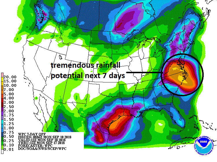 There is potential for tremendous rainfall amounts over the next seven days from Hurricane Florence in the Carolinas and much of the Mid-Atlantic region; courtesy NOAA/WPC