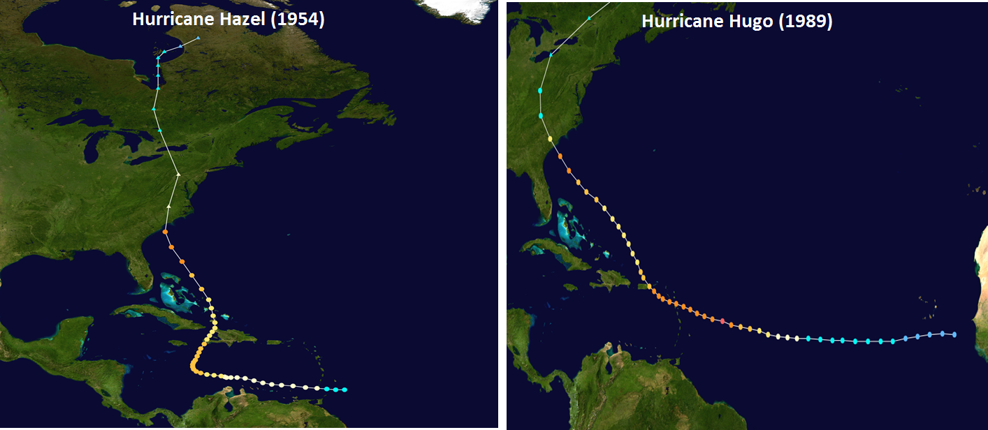 Track of Hurricane Hazel (left) and Hurricane Hugo (right); courtesy NOAA, wikipedia