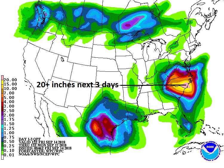 Some sections near the Carolina coastline could see 2+ feet of rainfall from Hurricane Florence; map courtesy NOAA