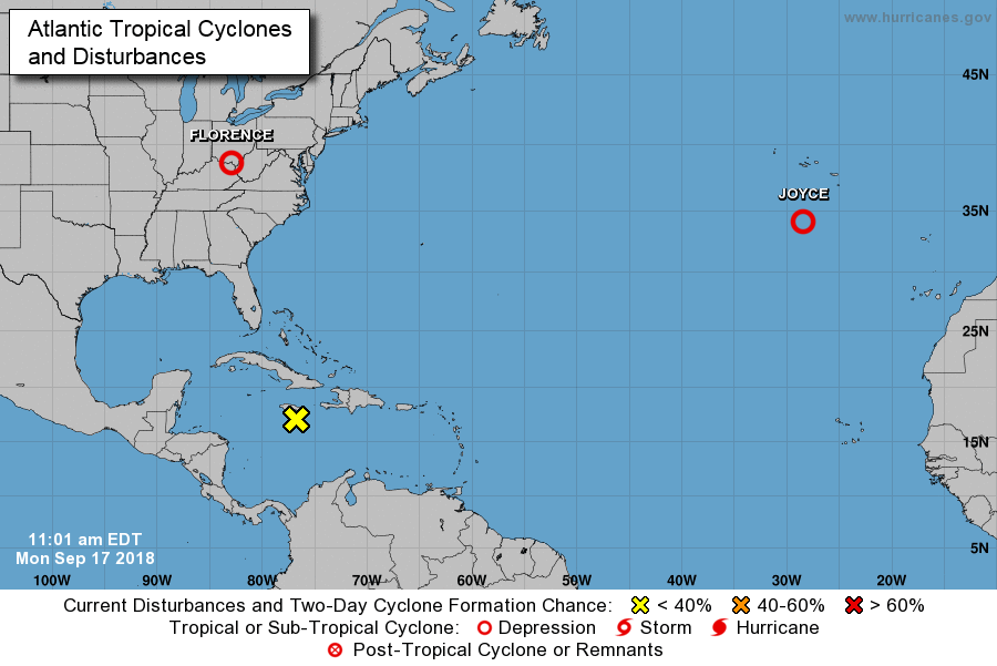 A relatively quiet look now in the Atlantic Basin; courtesy NOAA/NHC