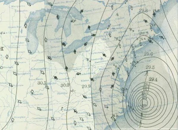 9AM surface weather map of 1938 hurricane on September 21st; courtesy NOAA/NWS central library data imaging project