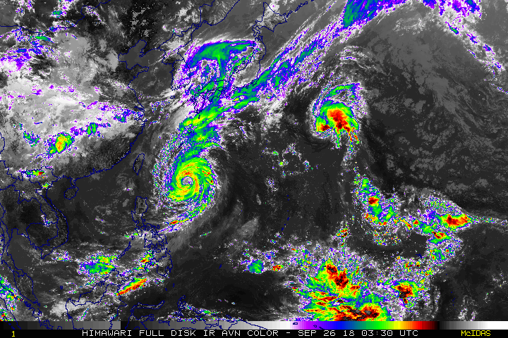Latest colorized infrared satellite imagery loop of Typhoon Trami in the western Pacific. This tropical system may actually set off a chain of events in the atmosphere that will bring cold air for this time of year into the central and eastern US during early October. Courtesy University of Wisconsin/CIMMS