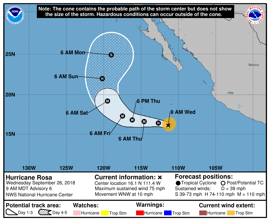 Hurricane Rosa may eventually have an impact in the Southwest US including perhaps southern California; courtesy NOAA