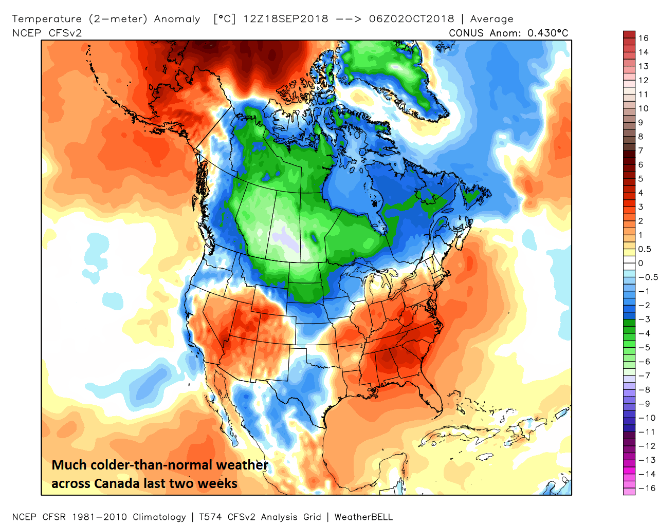 Two-meter temperature anomalies for North America during the past two weeks; courtesy NOAA CFSv2, Weather Bell Analytics