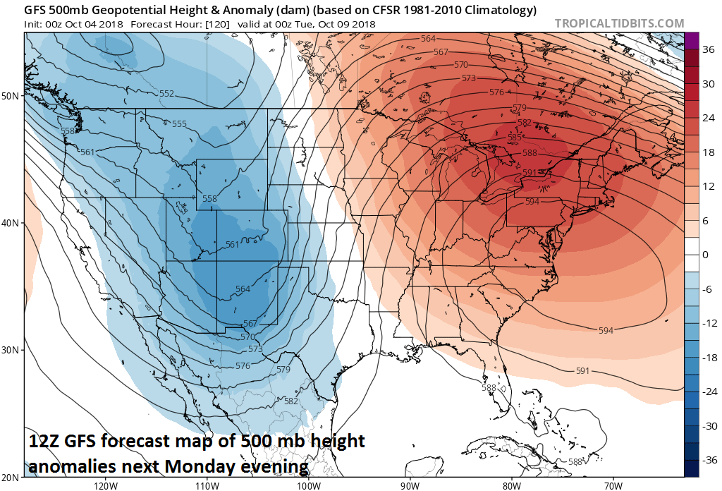 Upper-level high pressure ridging dominates next week in the eastern US at the same time a deep upper-level trough sets up in the interior western US; courtesy NOAA, tropicaltidbits.com