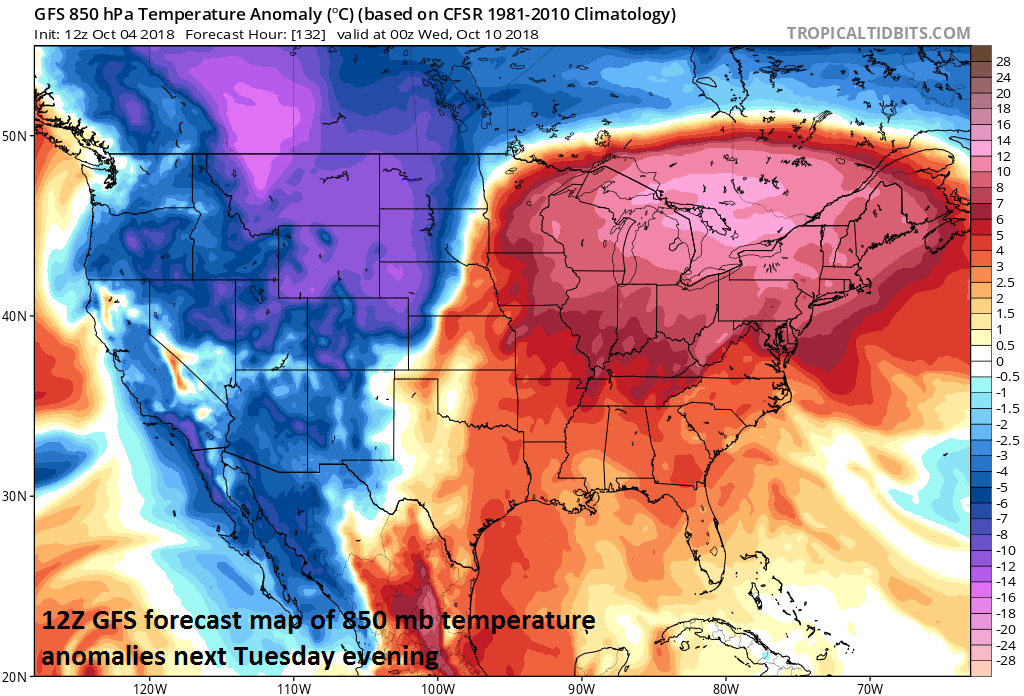 Warmer-than-normal conditions dominate next week in the eastern US at the same time a colder-than-normal weather sets up in the western US; courtesy NOAA, tropicaltidbits.com