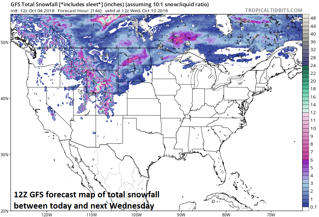 Snow may pile up next week in some of the higher elevation locations of the western US and Northern Plains; courtesy NOAA, tropicaltidbits.com