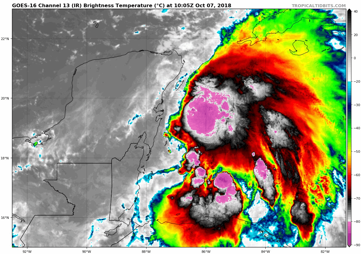 The latest colorized imagery of tropical depression fourteen shows deep convection over the western Caribbean Sea; courtesy NOAA/GOES, tropicaltidbits.com