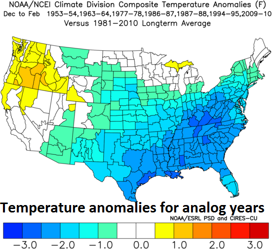 Temperature anomalies for analog years featuring weak-to-moderate El Nino conditions in the central Pacific Ocean along with low solar activity; courtesy NOAA