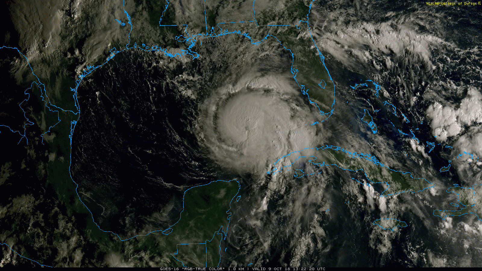 The latest “true color” satellite imagery loop of Hurricane Michael; courtesy NOAA/GOES-16, College of DuPage