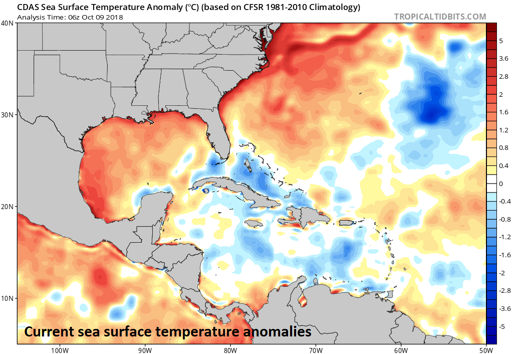 Very warm waters in the Gulf of Mexico are helping to fuel the intensification of Hurricane Michael; courtesy NOAA, tropicaltidbits.com