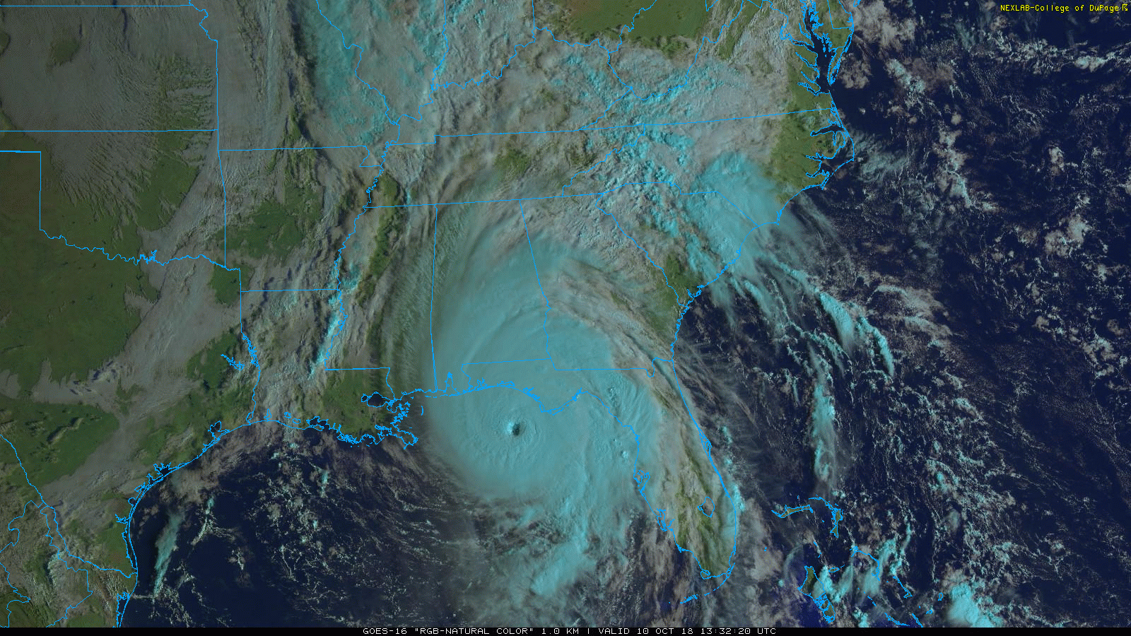 The eye is clearly distinct as Major Hurricane Michael nears landfall; courtesy NOAA/GOES-16 (“natural” color), College of DuPage