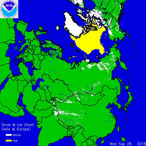 Some expansion of snowcover in Asia during the past couple of weeks and more accumulating snow is predicted in the near term; courtesy NOAA