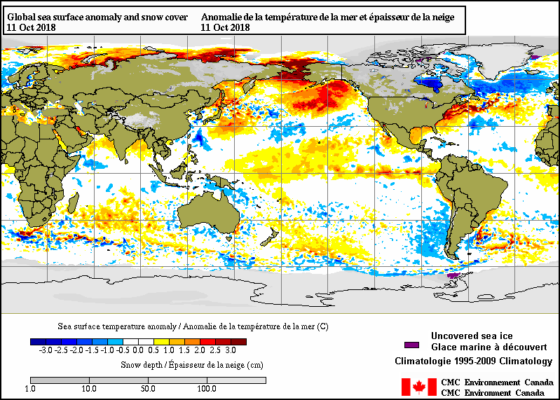 The current sea surface temperature anomaly pattern features a large and expanding area of warmer-than-normal conditions across the equatorial Pacific Ocean and warmer-than-normal water in the northern Pacific; map courtesy CMC Environment Canada