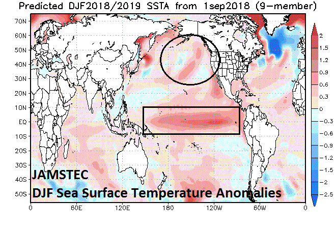 The Japan Agency for Marine-Earth Science and Technology (JAMSTEC) sea surface temperature anomaly forecast map for the upcoming winter season of December/January/February that also features an El Nino focused in the central part of the tropical Pacific Ocean and a large patch of warmer-than-normal water in the Gulf of Alaska (base period for estimation of anomalies is 1983-2006). Source