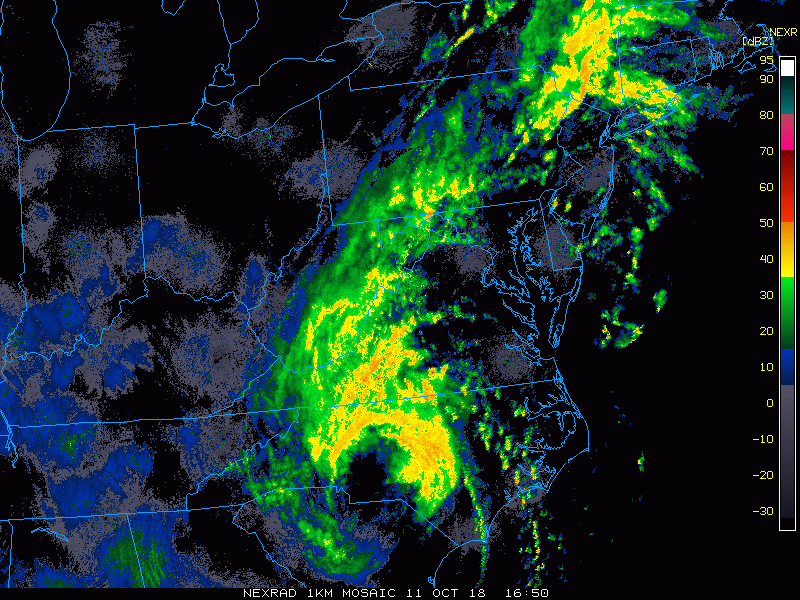 Latest radar loop shows clearly the heavy rain circulating around the center of Tropical Storm Michael; courtesy NOAA