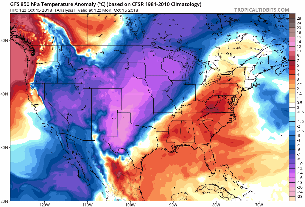 12Z GFS forecast of 850 mb temperature anomalies during the next ten days with numerous cold air outbreaks reaching the eastern US from Canada; courtesy NOAA/EMC, tropicaltidbits.com
